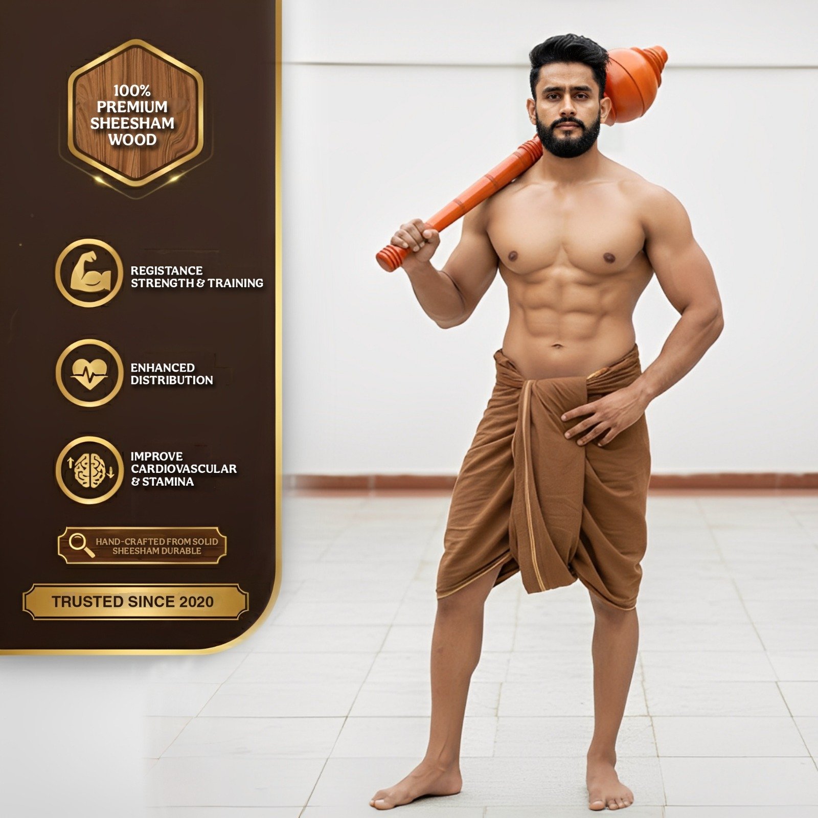 Hashco - Bhagwa Indian Wooden Gada/Mace - Image 3
